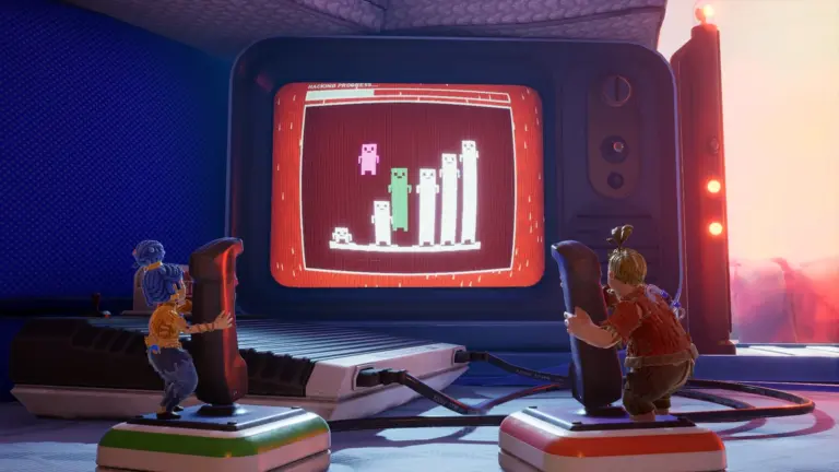 Gameplay-screenshot van It Takes Two met May en Cody bij een oude televisie.