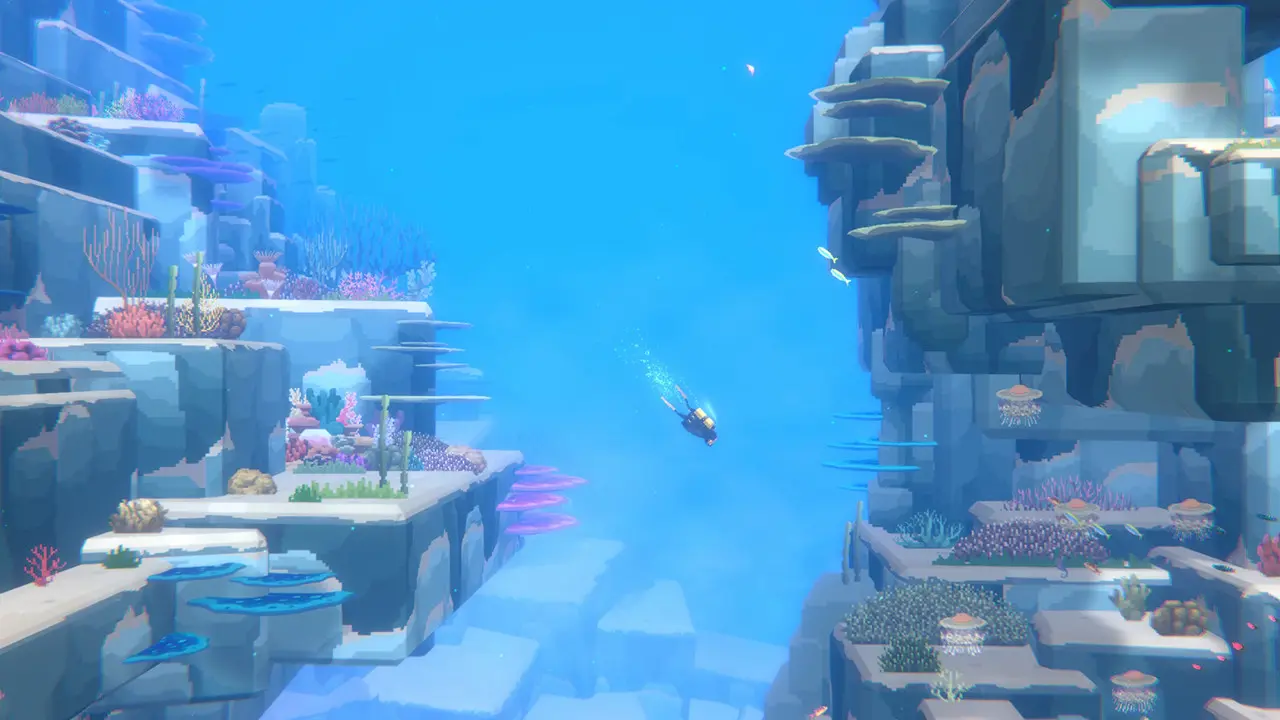 Een duiker zwemt door een kleurrijk onderwaterlandschap in Dave the Diver.