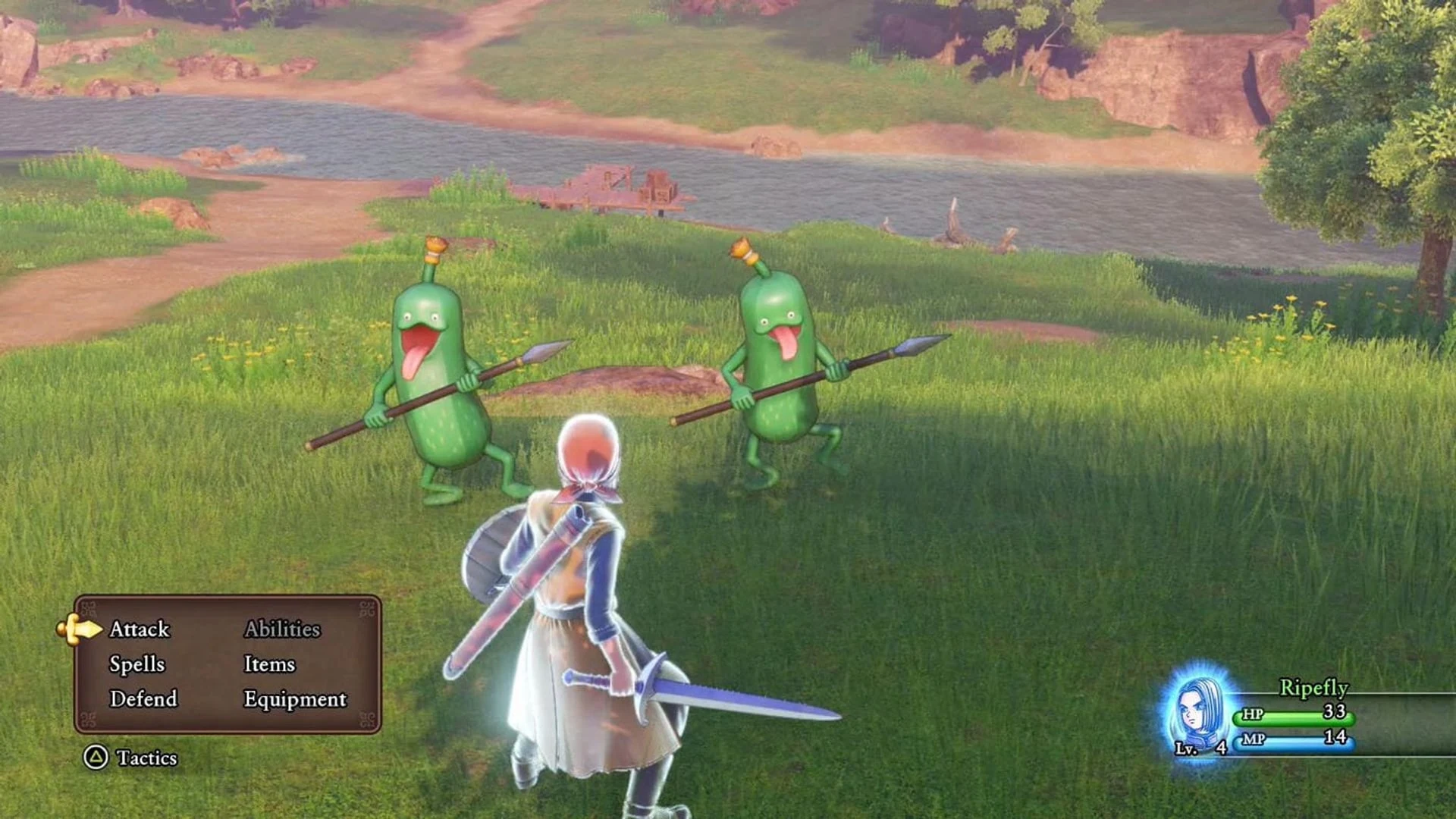 Gameplay screenshot van Dragon Quest XI S met de hoofdrolspeler die twee Ripefly-monsters tegenkomt.