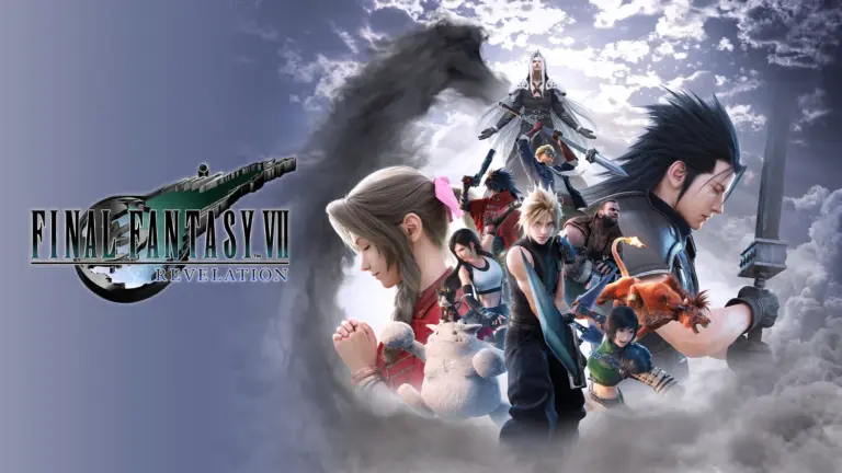 Key art van Final Fantasy VII Revelation met diverse personages tegen een bewolkte achtergrond.
