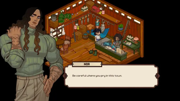 Gameplay-screenshot van Grave Seasons met een personage en een dialoogvenster in een pixel-art interieur.