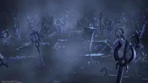 Een verzameling Keyblades in een mistige omgeving uit Kingdom Hearts.