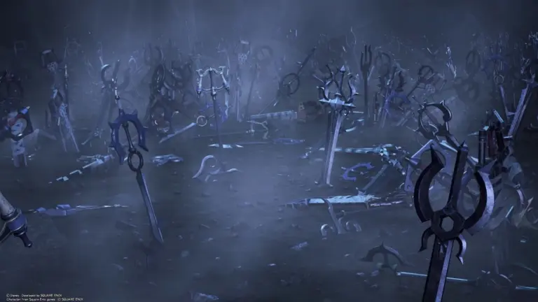 Een verzameling Keyblades in een mistige omgeving uit Kingdom Hearts.