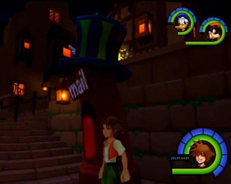 Gameplay-screenshot van Kingdom Hearts II met Sora bij een brievenbus in Traverse Town.
