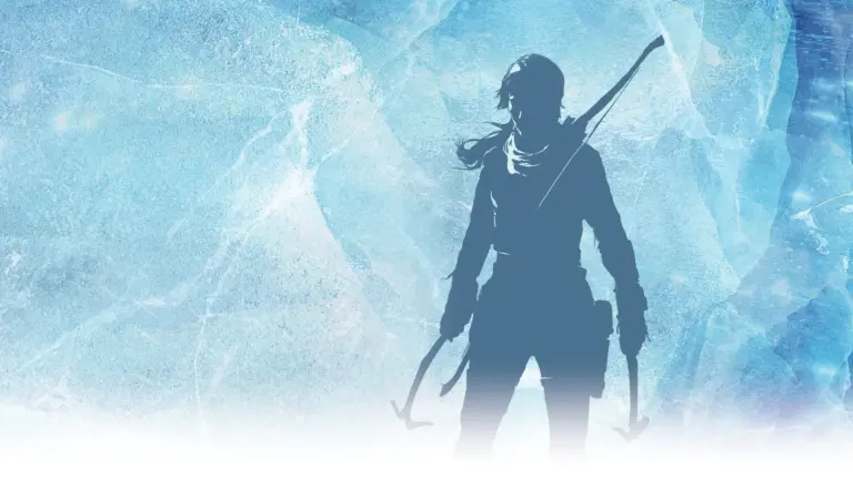 Sillhouet van Lara Croft tegen een ijzige blauwe achtergrond uit Rise of the Tomb Raider