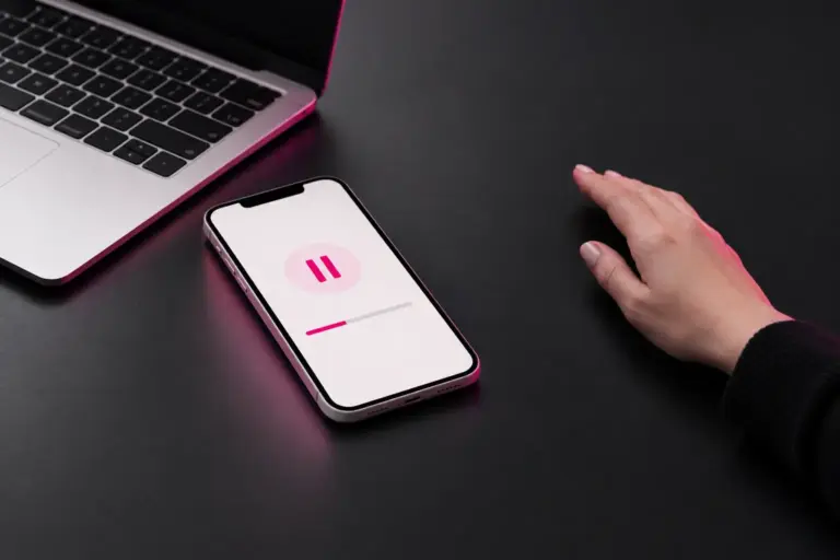 Smartphone en laptop met abstracte magenta limietvisualisatie voor toezicht op online gokken