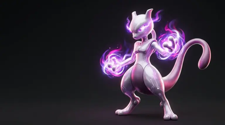 Futuristische Mewtwo-geïnspireerde Pokémon-kaartillustratie met magenta en chrome accenten