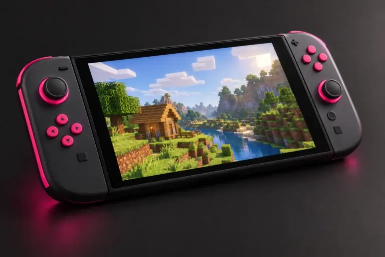 Handheld Nintendo console showing a colorful block-built Minecraft-style world