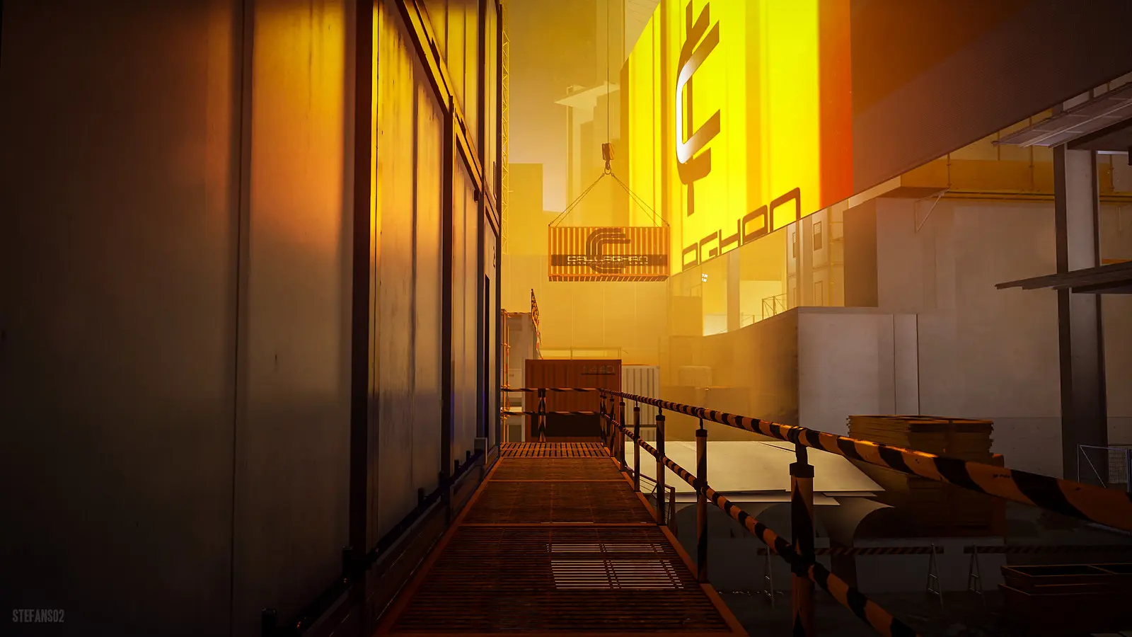 Een screenshot van de futuristische stad uit Mirror's Edge Catalyst met een industriële loopbrug en gele accenten.