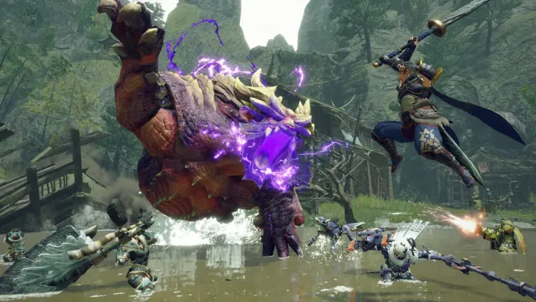 Gameplay-screenshot van Monster Hunter Rise met jagers die een groot monster bestrijden in een natuurlijke omgeving.