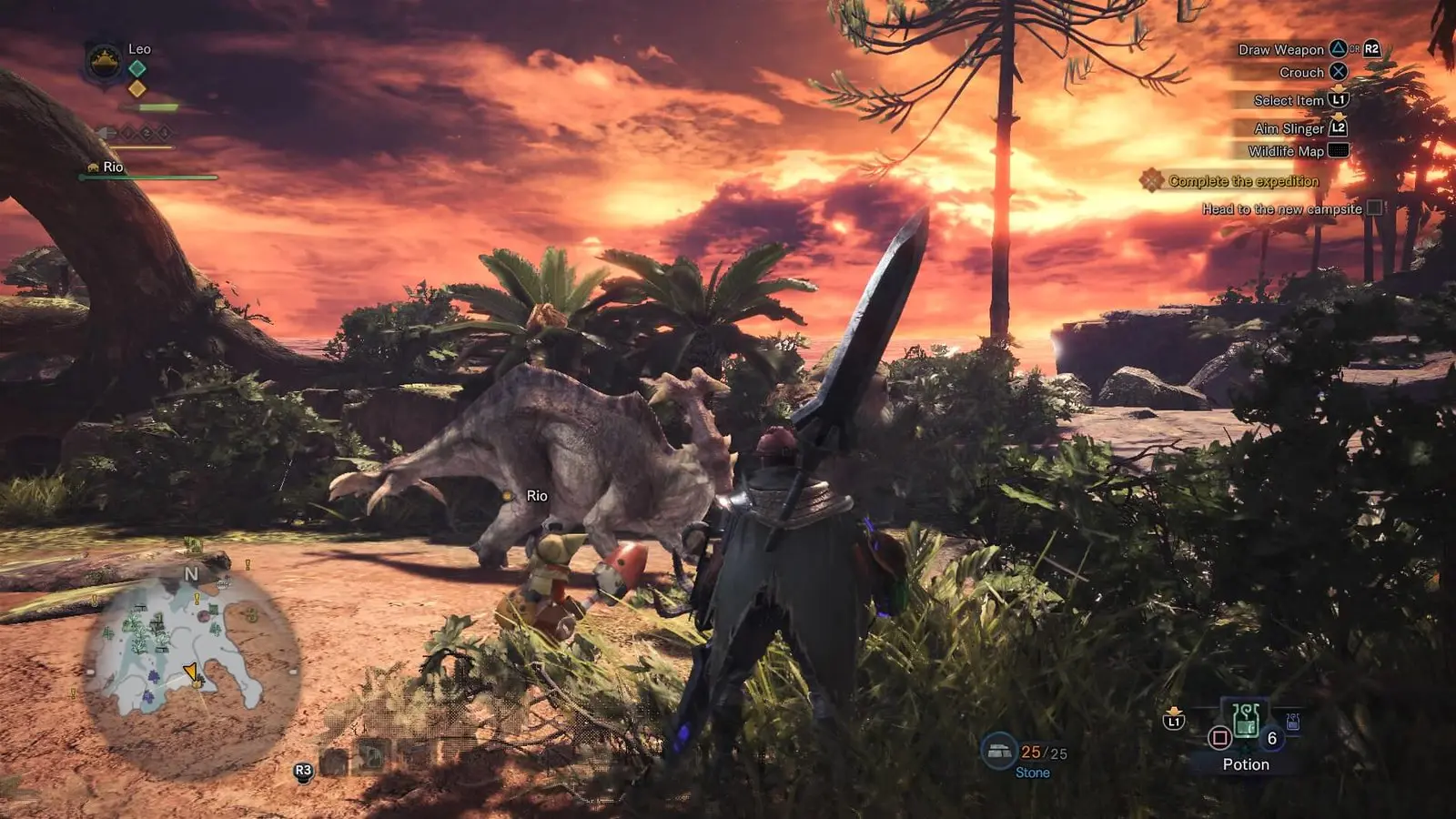 Een gameplay-screenshot van Monster Hunter Rise waarin een jager een monster bestrijdt tijdens een zonsondergang.