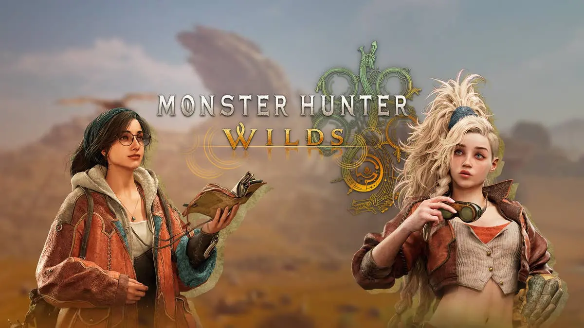 Promotionele afbeelding van de game Monster Hunter Wilds met twee personages en het logo.