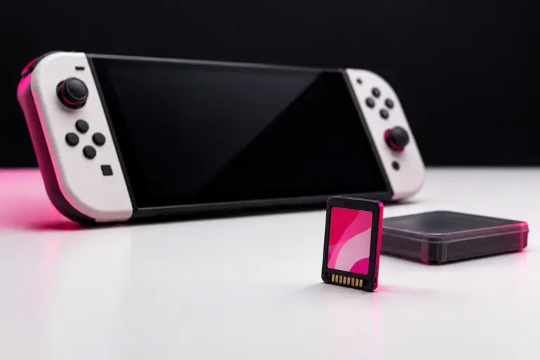 Nintendo Switch 2-achtige console met fysieke gamecartridge op een lichte ondergrond