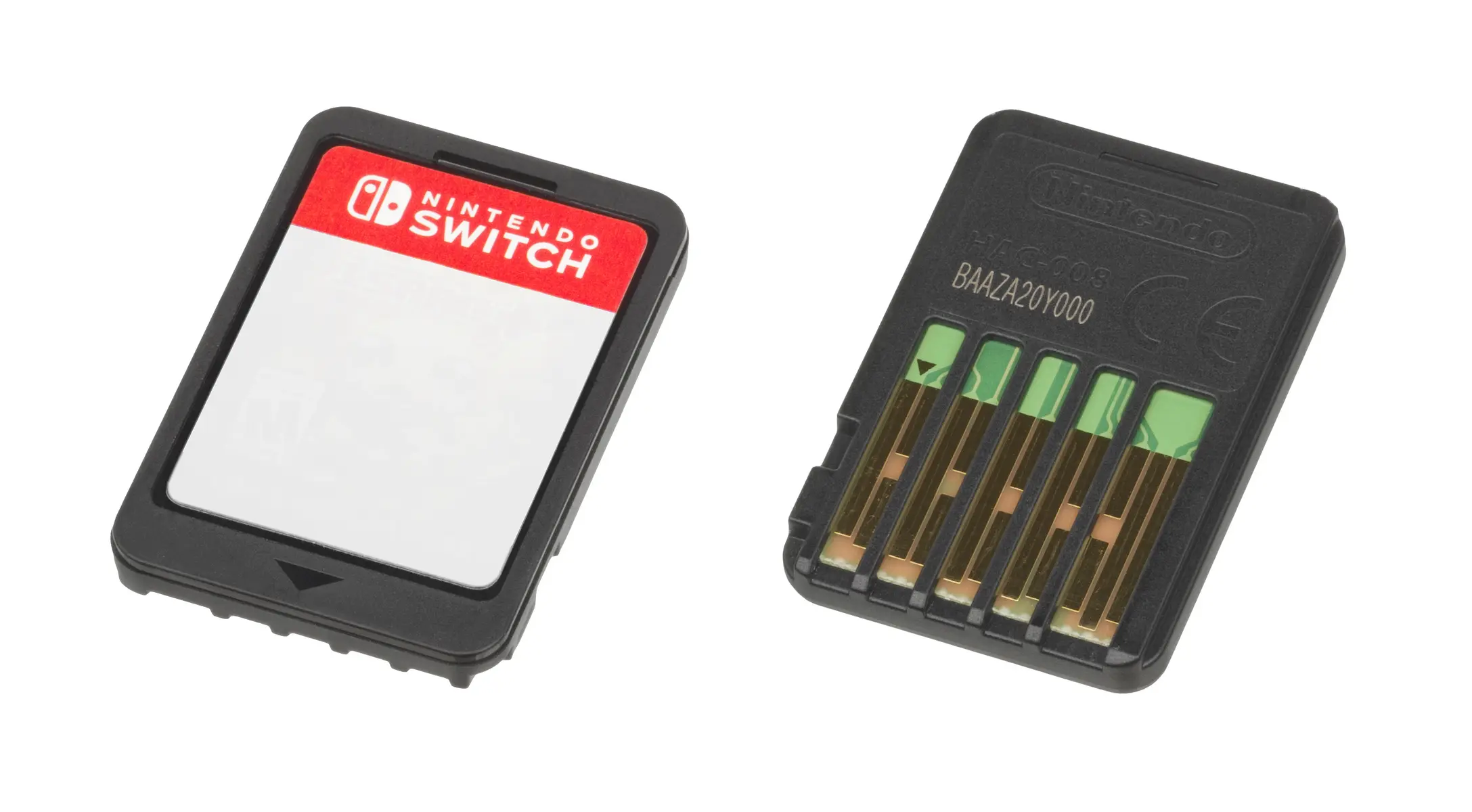 Voor- en achterkant van een Nintendo Switch gamecartridge tegen een witte achtergrond.