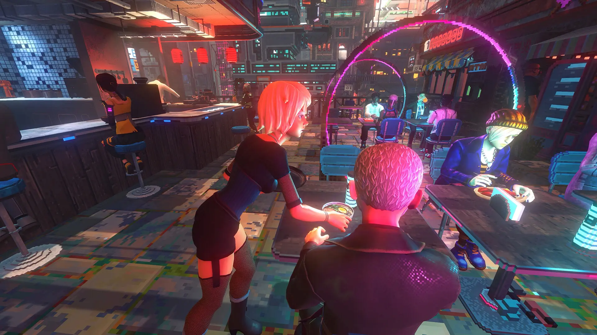 Een scène uit de game Nivalis Nights met personages in een futuristische, neonverlichte omgeving.