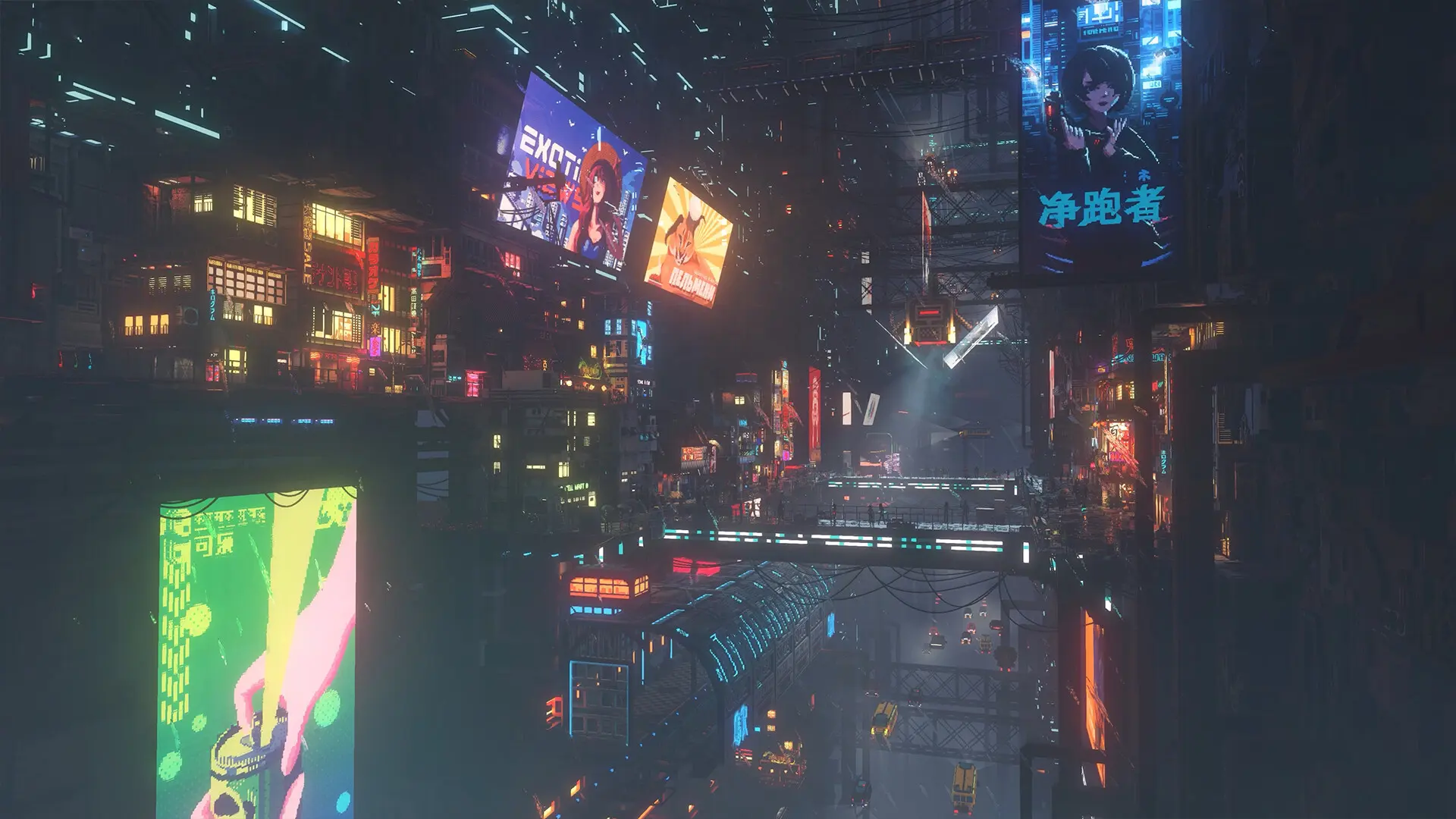 Een weids uitzicht over de futuristische cyberpunkstad Nivalis met neonverlichting en enorme digitale billboards.