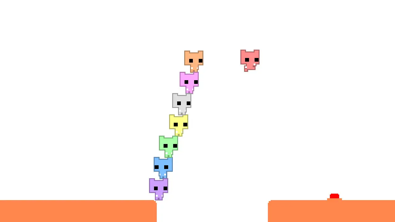 Kleurrijke kat-personages die op elkaar stapelen in de puzzelgame Pico Park.