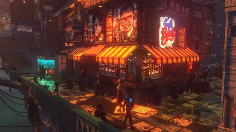 Een kleurrijke screenshot van de game Nivalis met een straatmarkt en neonverlichting in een cyberpunk-omgeving.
