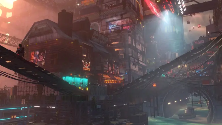 Een futuristisch stadsgezicht met neonverlichting en architectuur uit de game Nivalis.
