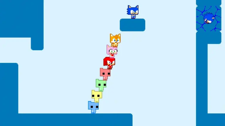 Een screenshot van Sonic Pico Park met Sonic en een stapel gekleurde personages.
