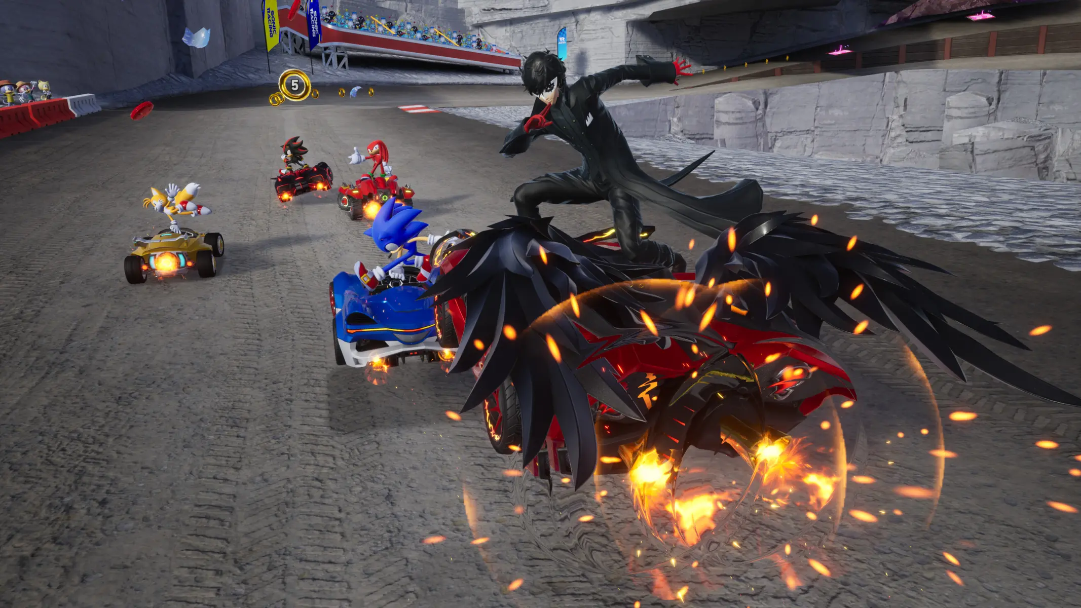 Gameplay van Sonic Racing: CrossWorlds met Sonic en andere personages in een race.
