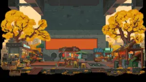 Een gestileerde herfstmarkt in een futuristische stedelijke omgeving met gele bomen en marktkramen.