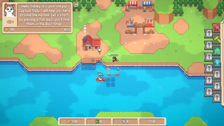 Een screenshot van de game Tiny Harbor met een pixel-art vissersdorp aan de kust.