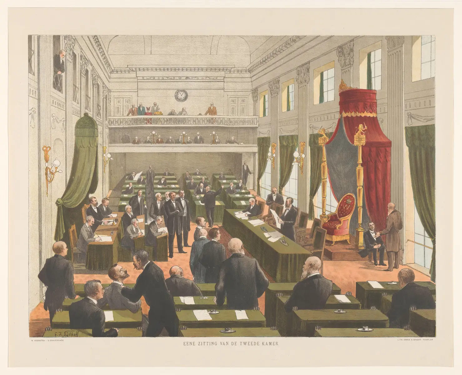 Een historische illustratie van een zitting in de plenaire zaal van de Tweede Kamer der Staten-Generaal.