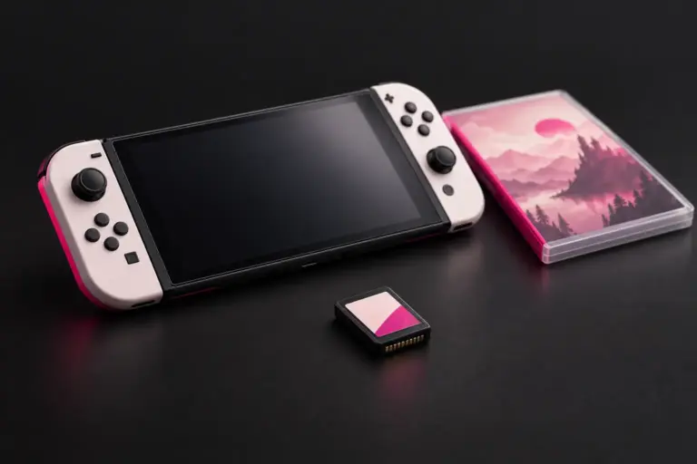 Nintendo Switch 2 met fysieke gamecartridge en gamehoes op een donkere ondergrond