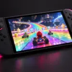 Nintendo Switch 2 met een kleurrijke kart-race tijdens een update voor Mario Kart 8 Deluxe