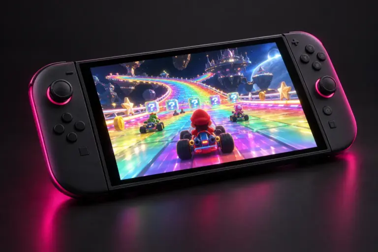 Nintendo Switch 2 met een kleurrijke kart-race tijdens een update voor Mario Kart 8 Deluxe