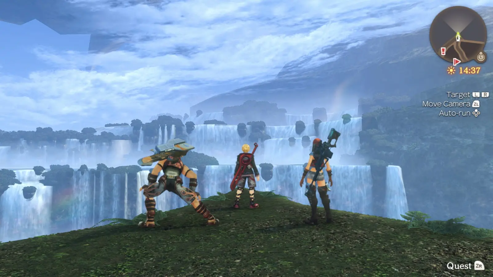 Drie personages die uitkijken over een uitgestrekt landschap met watervallen in Xenoblade Chronicles.