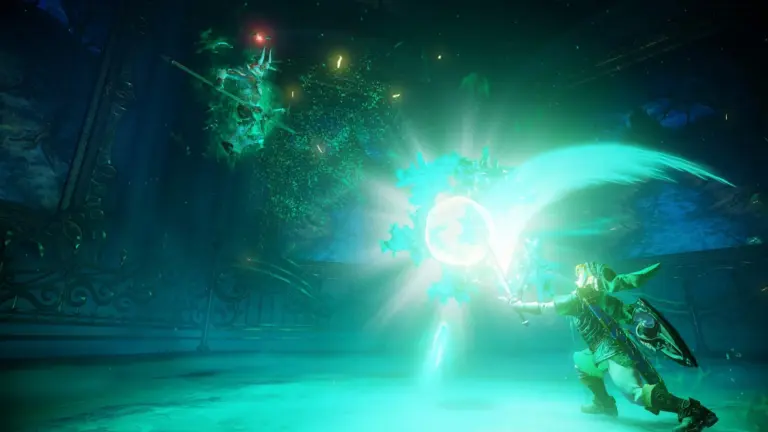 Link vecht tegen een monster in een magische omgeving in The Legend of Zelda: Ocarina of Time